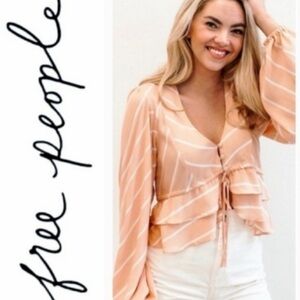 Free People Peach Striped Tie-Front Ruffle Blouse